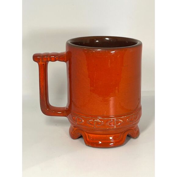 3 Red Blue Vintage Frankoma Mug Set Footed Ceramic Cups Coffee Tea Handle 1950 - Picture 8 of 9